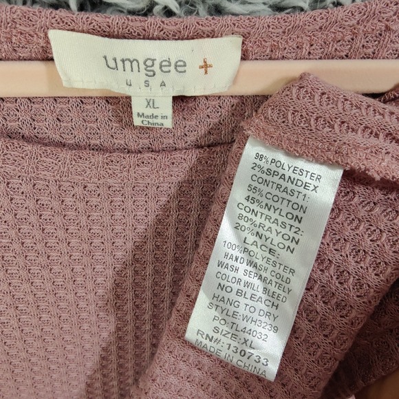 Umgee Womens XL Cottage Peasant Mauve Waffle Knit Floral Lace Puff Sleeve Top - Picture 5 of 7